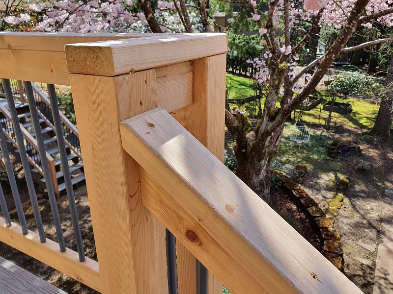 Close-up of wooden handrails on a staircase